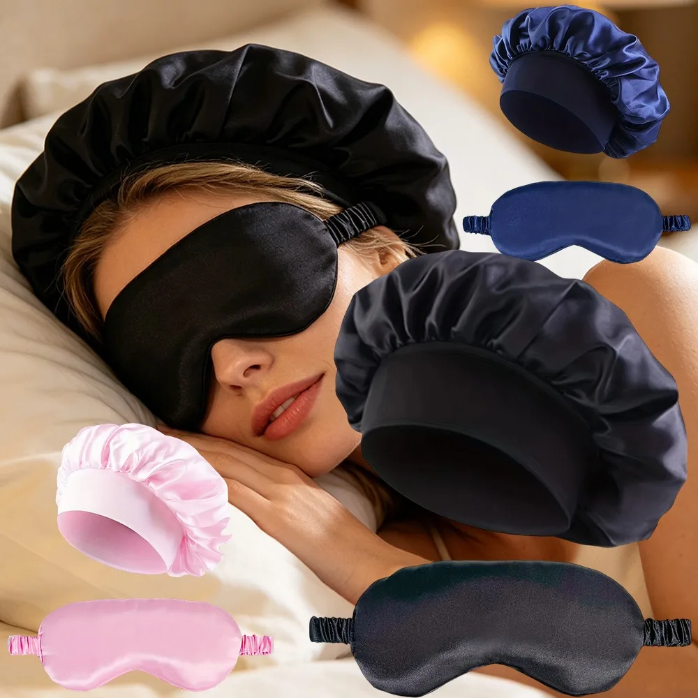  Satin Bonnet Sleep Eye Mask Set, Wide Elastic Band Silk Hair Bonnet, Soft Shading Eye Mask for Women Hair Care Night Sleeping