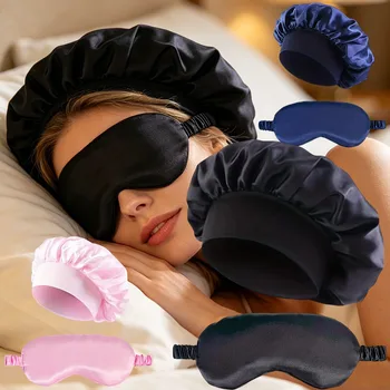 2PCS Satin Bonnet Sleep Cap Eye Mask Set Women Night Care Hair Wrap Sleeping Mask Silk…