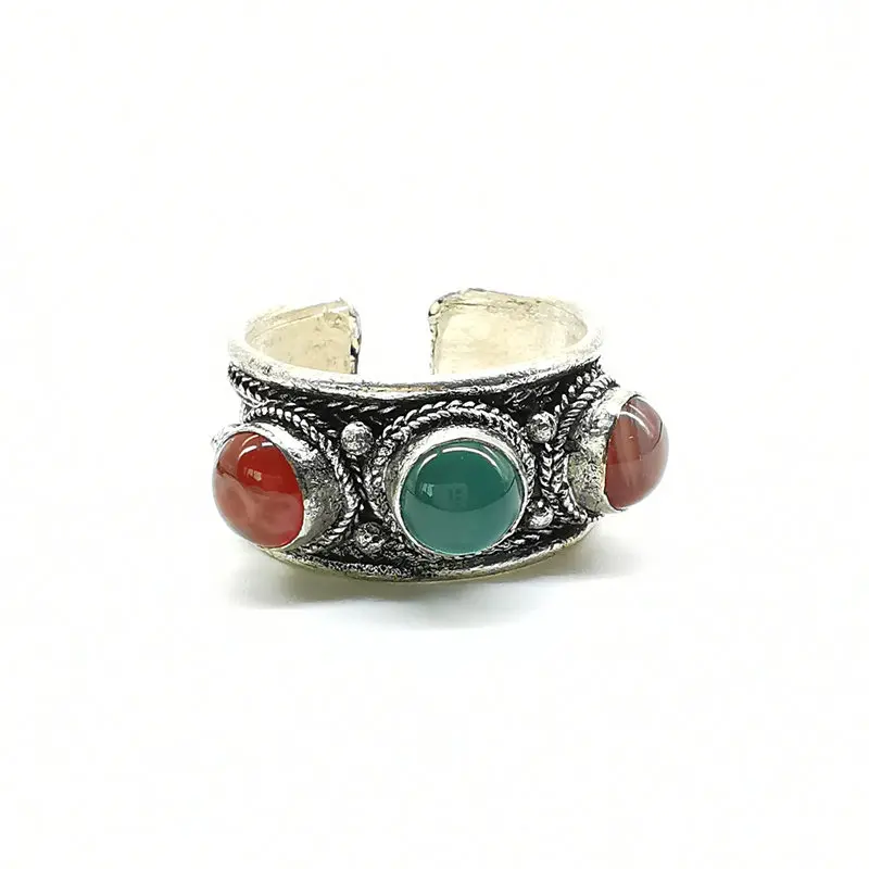 Tibetan Rings Metal Copper Inlaid Natural Stone Beads Open Rings Tiger Eye Lapis Agates R027