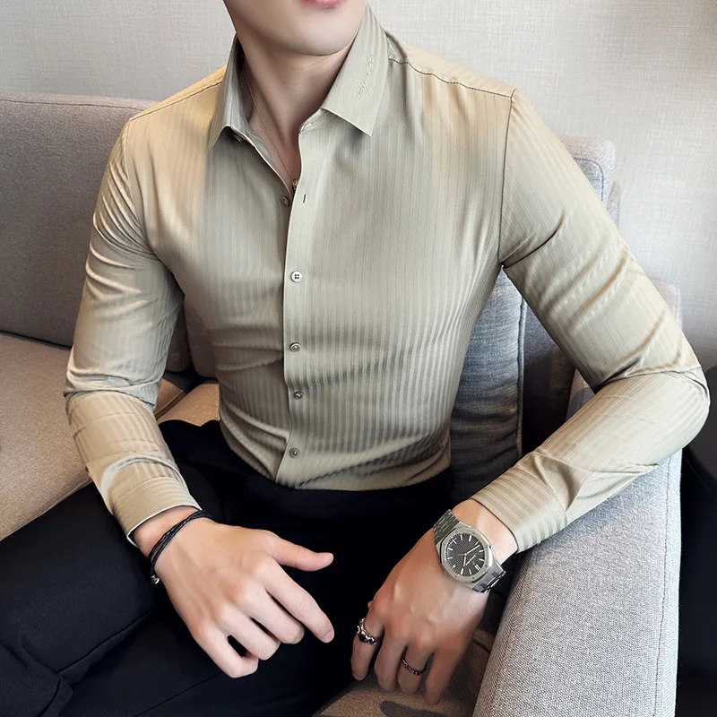 2023 Autumn Luxury Embroidery Seamless Slim Fit Shirt Men Long Sleeve Vertical Stripe Anti-Wrinkle Casual Business Social Shirts