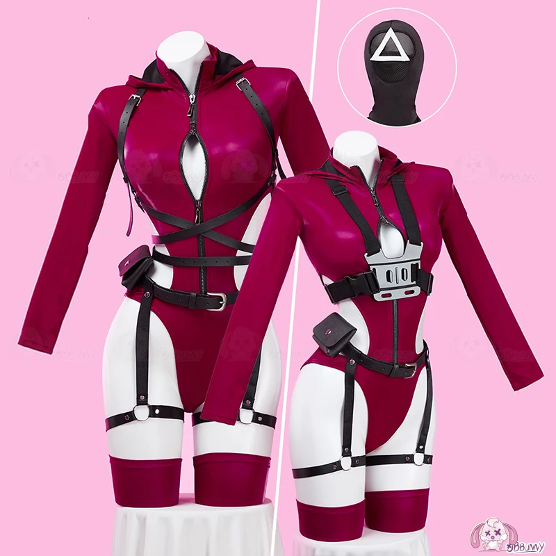 Game Guard Cosplay Costume Women Sexy Zipper Hooded Bodysuit Gloves Mask Set Bunny Girl Red Jumpsuit Halloween Carnival Clothes