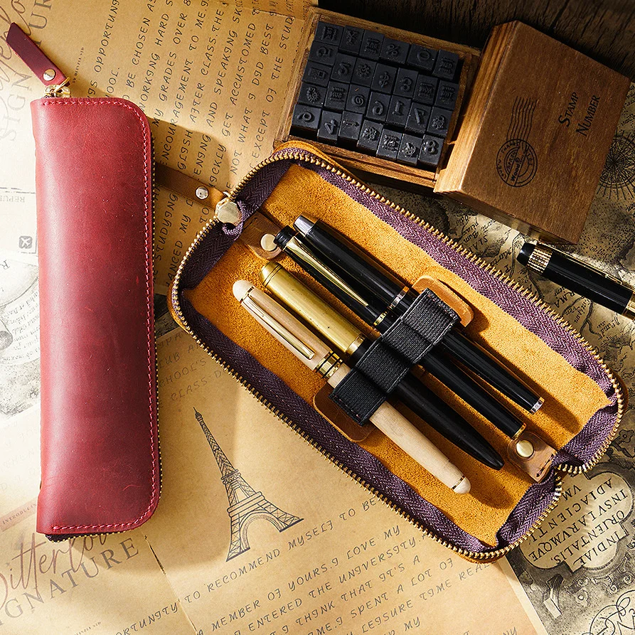 AIGUONIU Leather Pencil Case Zipper Retro Pen Pouch For Boys Girls School Students Cowhide Men Pencil Bag with 4 Pen Slots