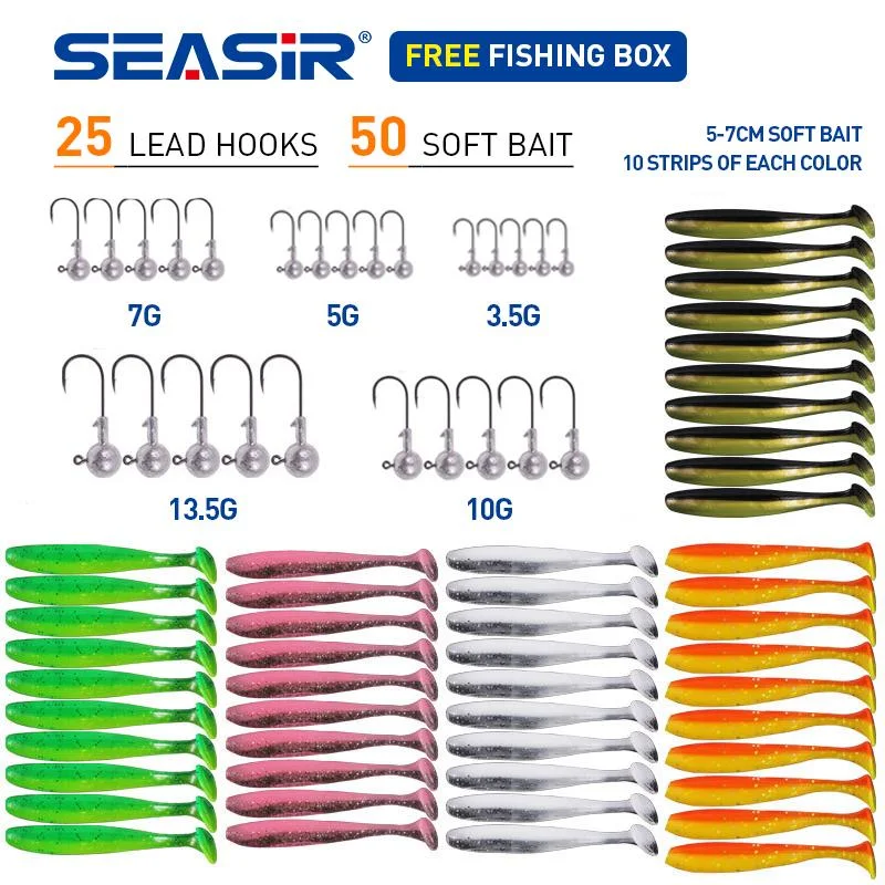 SEASIR 76 Pcs Fishing Set Lead hook soft bait Mixed Plastic box Waterproof Lure bait  Fishing Tackle Accessories