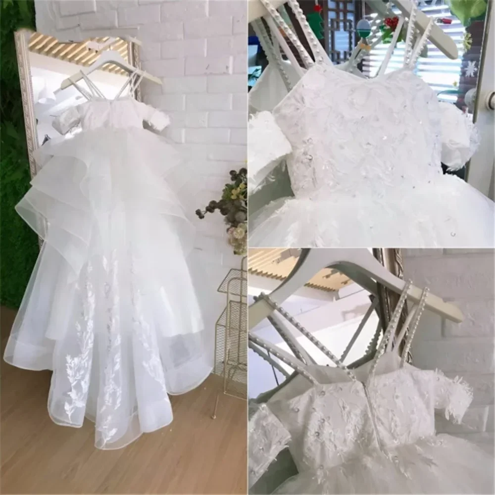 Customised Flower Girl Dress Sleeveless Wedding Kids Birthday Party Banquet Princess Tulle Tiered Flory Pattern Tailing Gowns