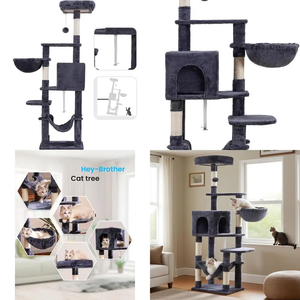 

Indoor Multi-Level Cat Tree with Large Hammock, Sisal Scratching Posts, and Top Perch in Smoky Gray