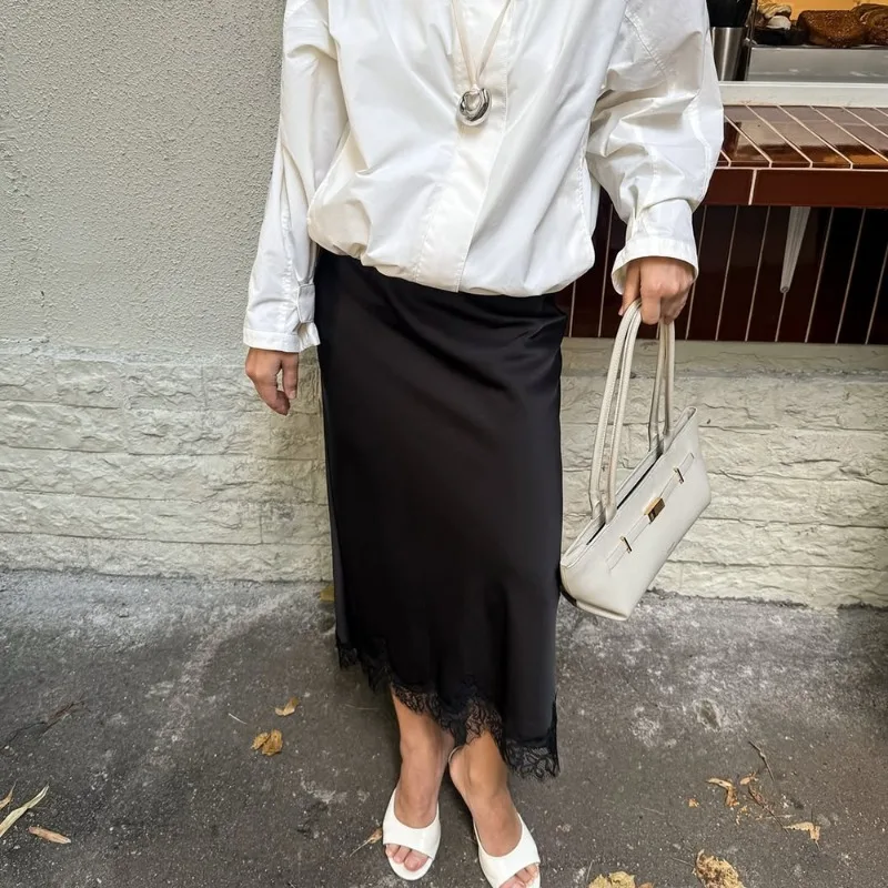 Tuularose falda elegante de encaje para mujer, falda nueva de retazos de encaje liso a la moda, falda Vintage de cintura alta para fiesta, falda femenina para ir al trabajo