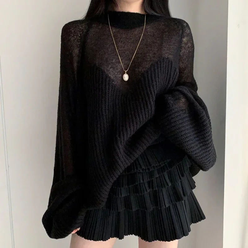 Autumn and Winter New Elegant Loose Thin Lantern Sleeve Sweater Fairy Soft Pullover Female Kawaii Sweater Sexy Perspective Pink