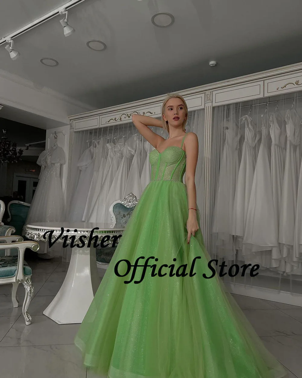 Viisher Sparkly Green Fairy Prom Dresses Bone Corset Sweetheart Evening Party Dress Spaghetti Straps A Line Celebrate Gown