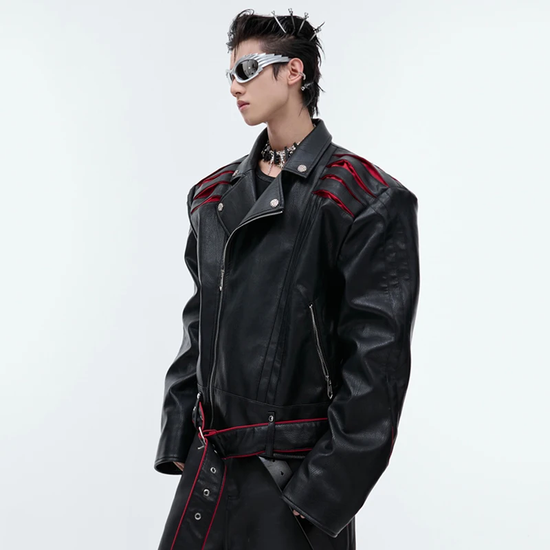 IEFB Niche Deconstruction Pleated Design Short PU Leather Jacket Splicing Motorcycle 2024 Contrast Color Darkwear Coat 24E1820