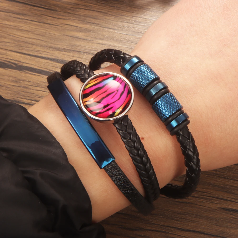 Fashion Geometry Punk Rock 026 Pu Leather Fit 12mm 18mm Snap Button Bangle Bracelet Charm Jewelry For Women Men