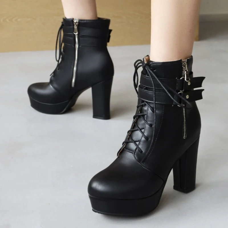 

Big Size 48 Black Ankle Boots For Women Winter Shoes Buckle Zipper Block High Heels Red White Lace-up Short Boot Shoes New 2025