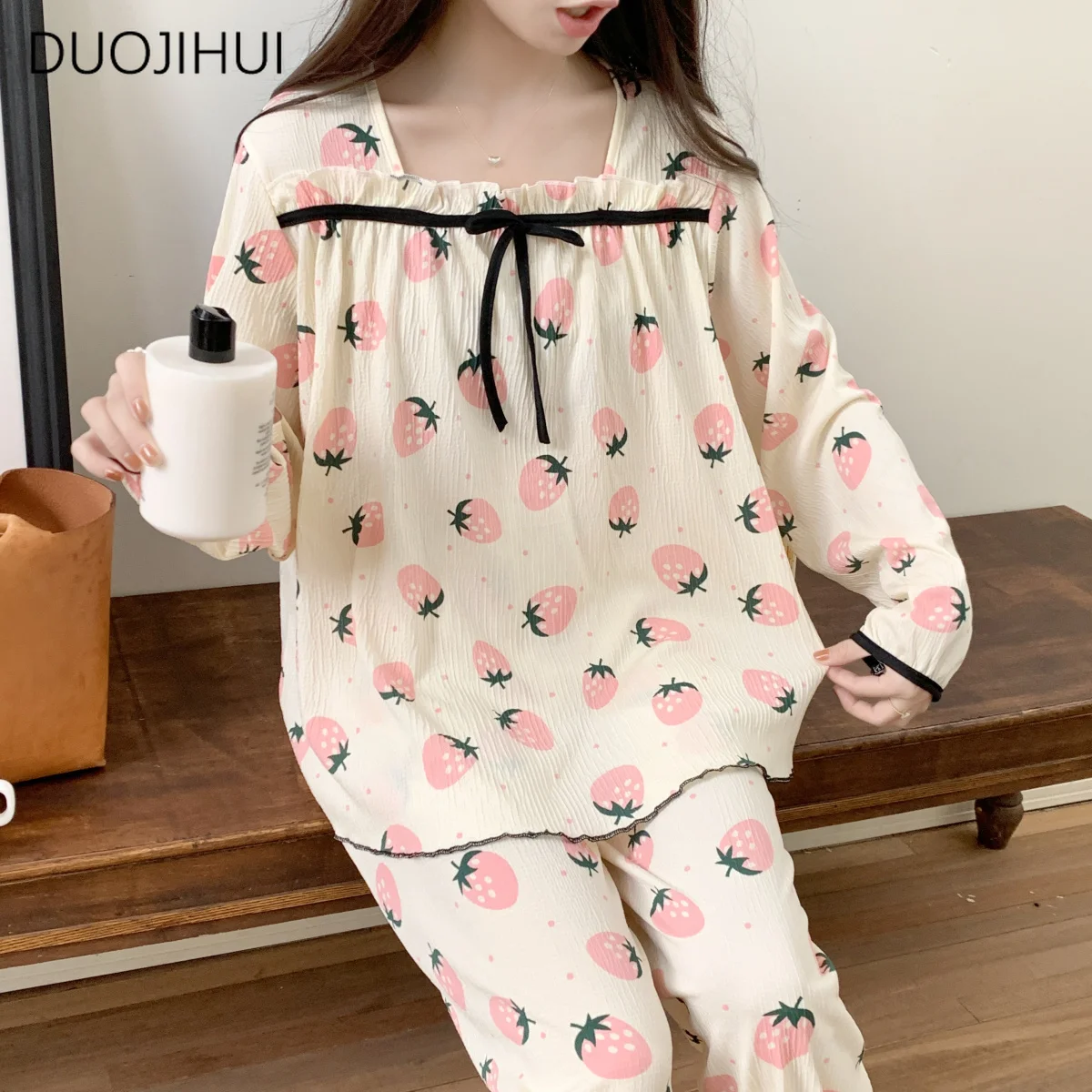 DUOJIHUI-Conjuntos de pijama de duas peças para mulheres, pulôver de manga comprida, Calça simples, estampa chique, moda casual, doce, primavera