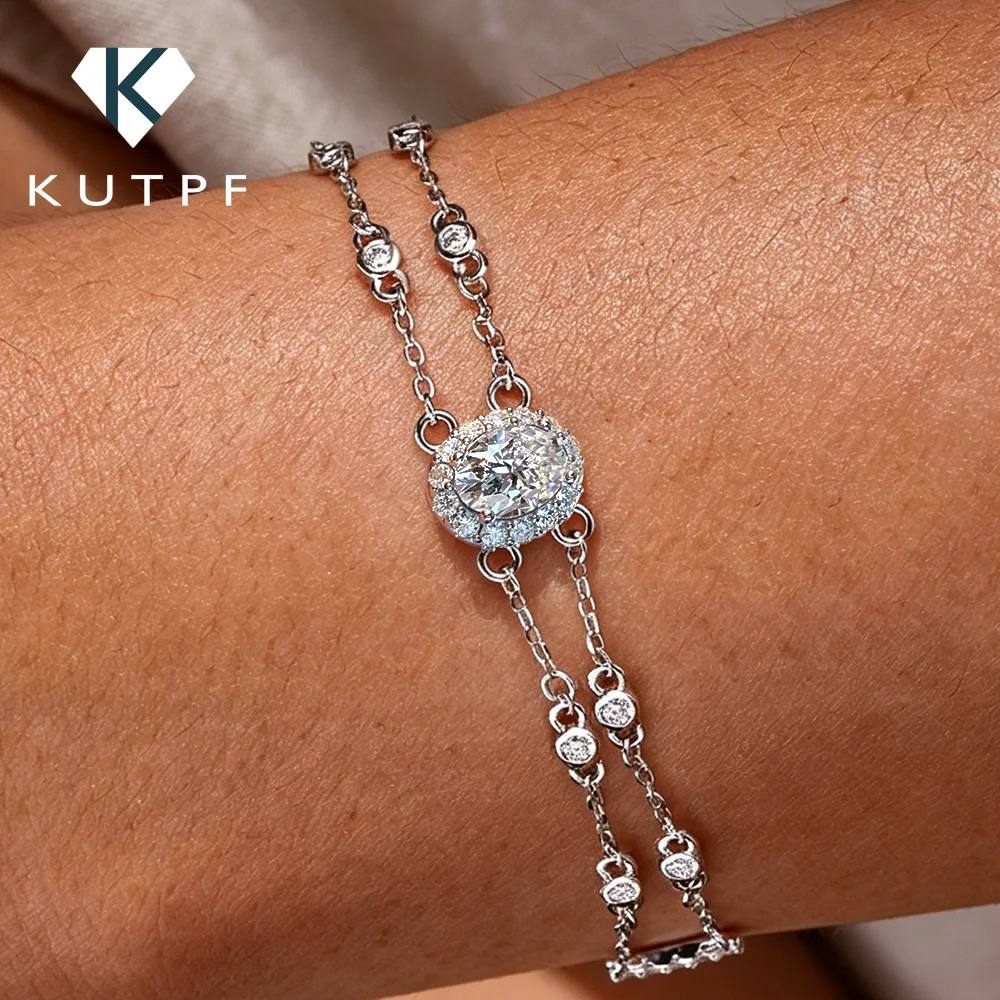 1carat Oval Cut Full Moissanite Diamond Charm Bracelet with Round Bubble S925 Silver Wrist Chain for Women Luxury Jewelry Gift