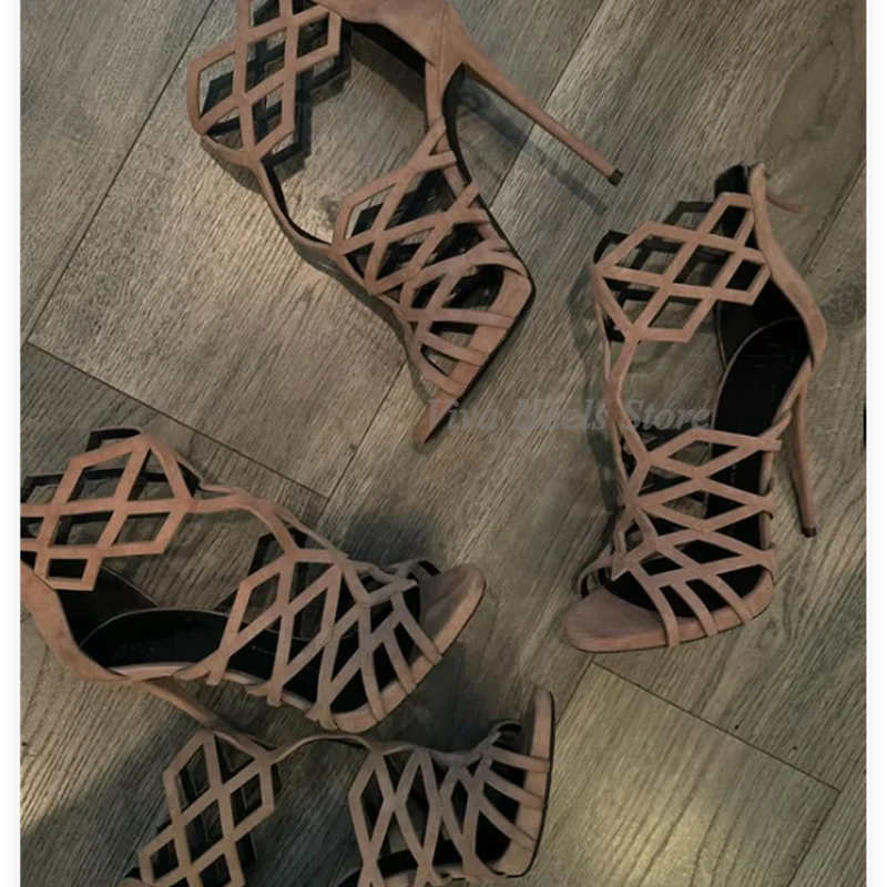 

Винтажные абрикосовые замшевые летние ботинки-сандалии, женские пикантные сандалии на высоком каблуке с вырезом и открытым носком, роскошные дизайнерские туфли для вечеринок