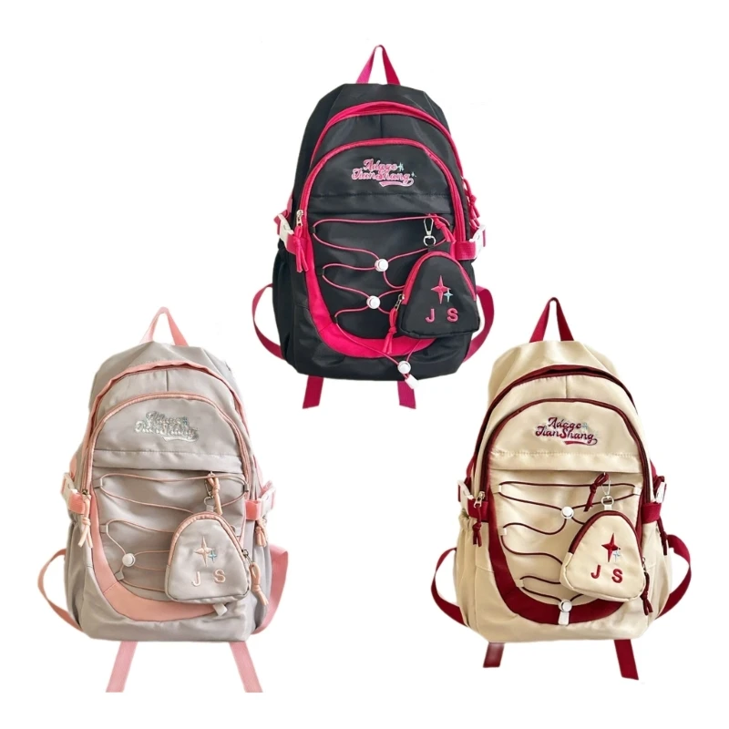 

Large Capacity Nylon Backpack for Teens School Travel Unisex Korean Fashion Contrast Color Laptop Book Bag with Purse