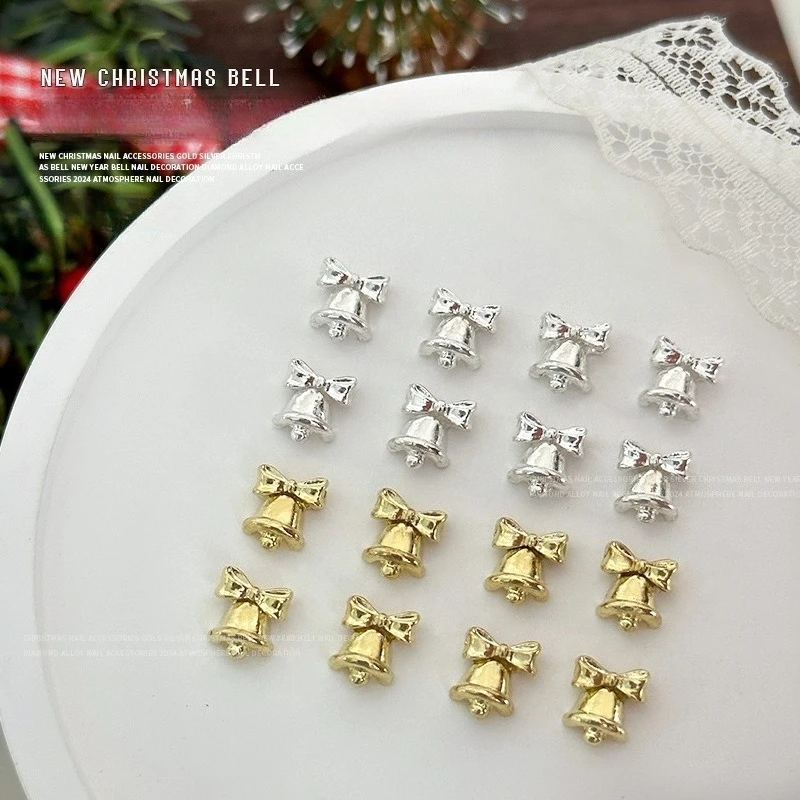 10Pcs Christmas Bell Nail Charms, Golden & Silver Alloy Bells Accessories for Festive DIY Manicure Rhinestone Decoration