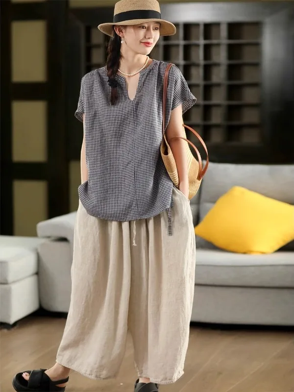 

Retro Colored Weave Plaid Linen irt Women's Summer Artistic Cheered ort Sve irt Top 2025 New Sle Loose Fit