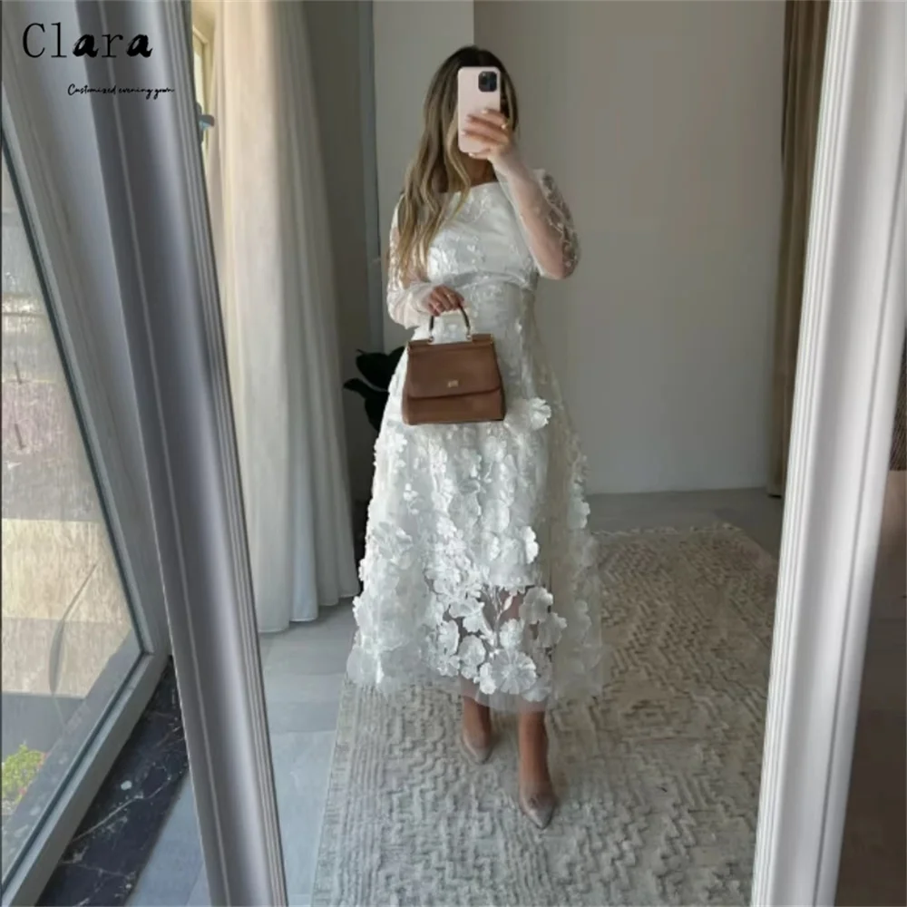 Clara Custom Weiße Blume Hohl Lange Ärmel Abendkleider Frau Elegante Lange Party Kleider 2025, Frau Luxus Abendkleid