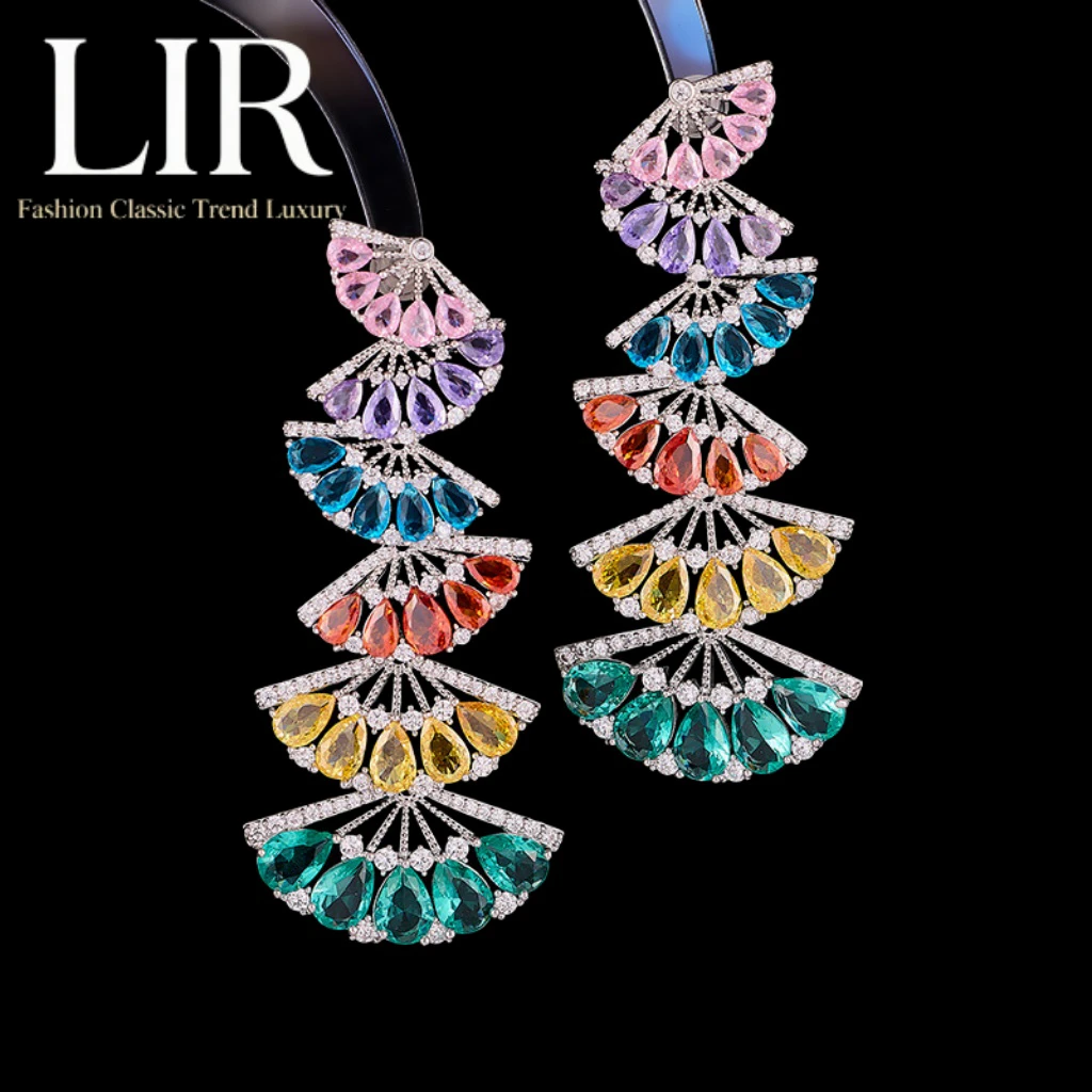 

Роскошные длинные серьги LIR Heavy-Craft: красочный циркон ААА, форма веера, элитный дизайн, подчеркивающее лицо и шею