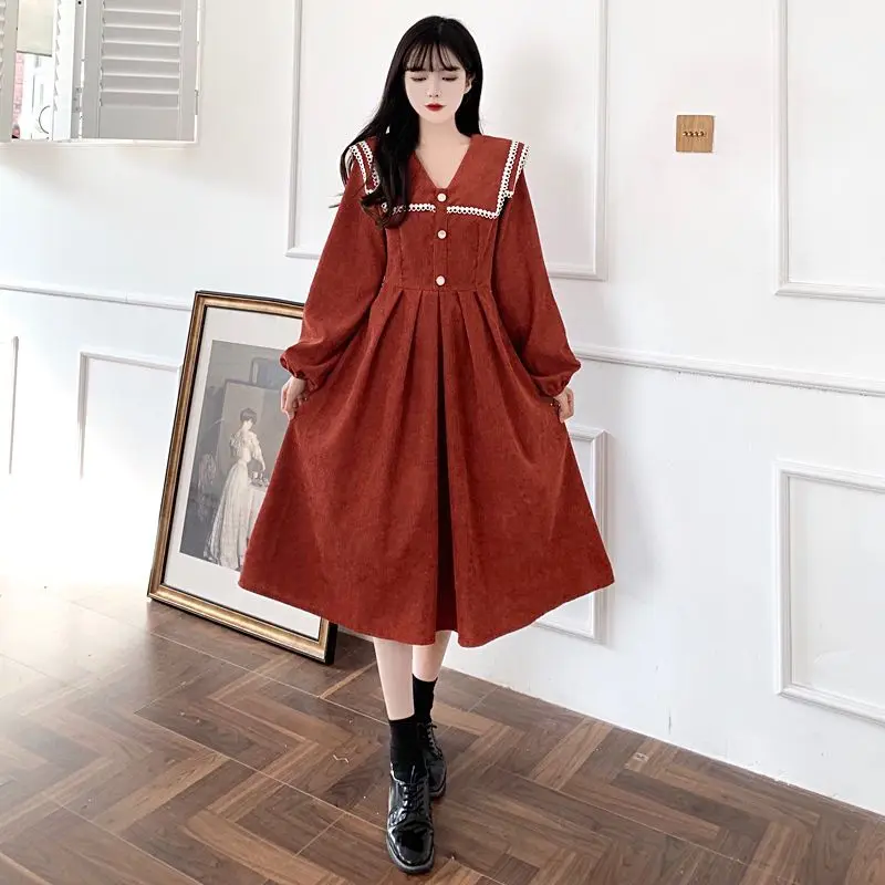 Woman Elegant Party Dresses Korean Vintage Corduroy Black Dress Long Sleeve Robe Clothes Japanese Peter Pan Collar Vestidos 2022