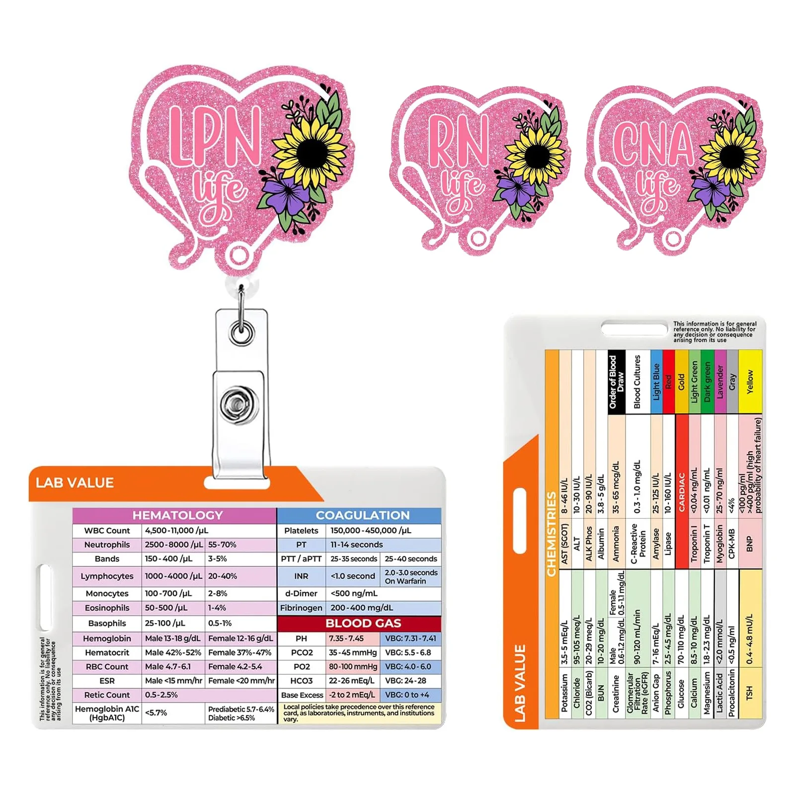 Glitter Acrylic Nurse Badge Reel with Lab Values Badge Holder Retractable ID Clip for RN LPN CNA Medical Staff