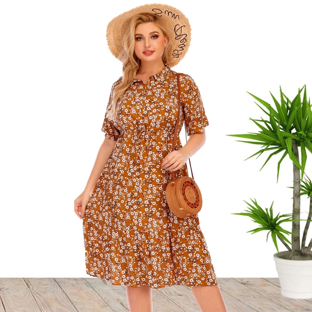 Plus Size New Arrival gorąca wyprzedaż z krótkim rękawem w szpic casualowa letnia wiskozowa sukienka Mide dla dużych kobiet