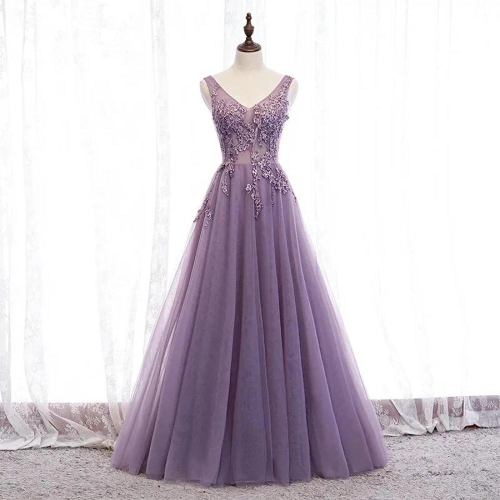 

Dream Purple Elegant Evening Dress Tulle for Floor-Length V-Neck Sleeveless Prom Dress Appliques Vestidos De Fiesta Customized