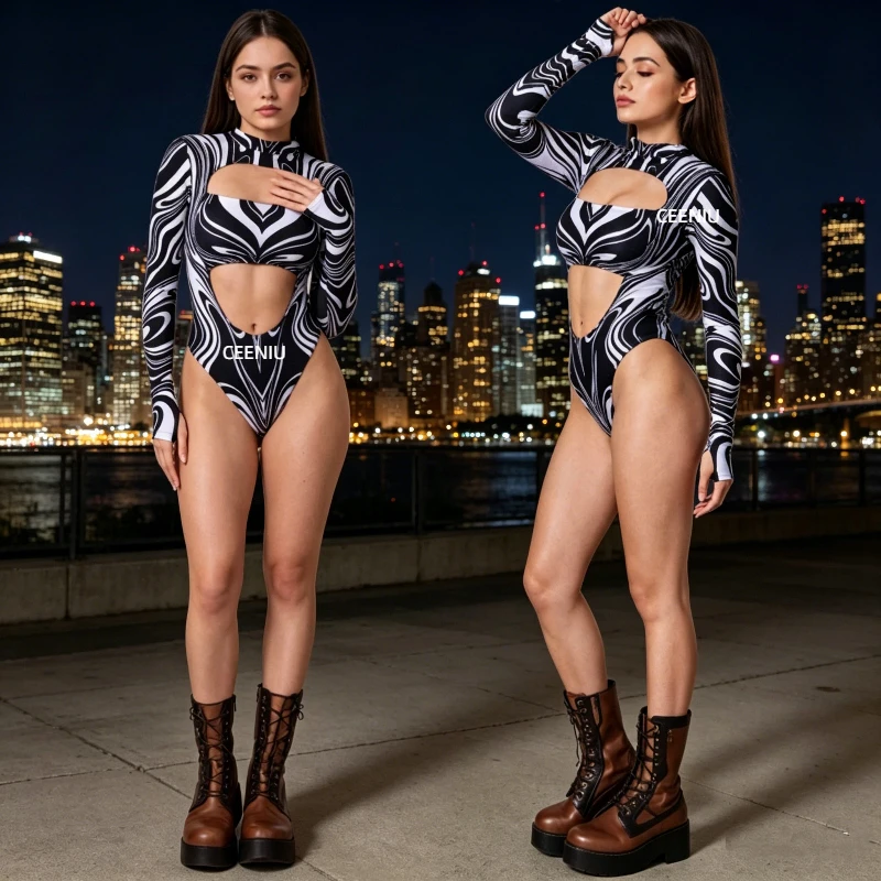 

Sexy Women Swirl Graffiti Print Art Black White Texture Cutout Bodysuit Long Sleeve Swimsuit Party Stage Clubwear Cosplay Outfit