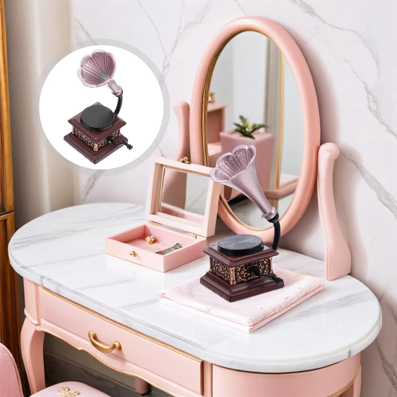 

Miniature Vintage Phonograph Gramophone Retro Record Player 1:12 Scale Dollhouse Furniture Decoration Mini House Accessory