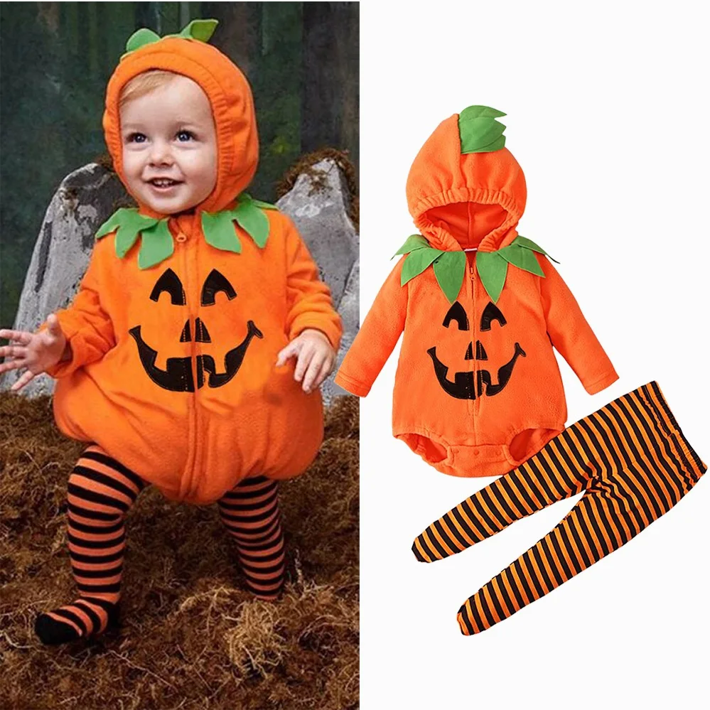 Baby Pumpkin Halloween Costume Hooded Striped Footed Romper Jumpsuit Infant Toddler Cosplay Outfit for Boys Girls Halloween Gift
