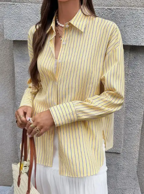 

Women's Long Sleeve Striped Top Spring/Summer 2026 Leisure Vacation Tourism Collar Wear for Women