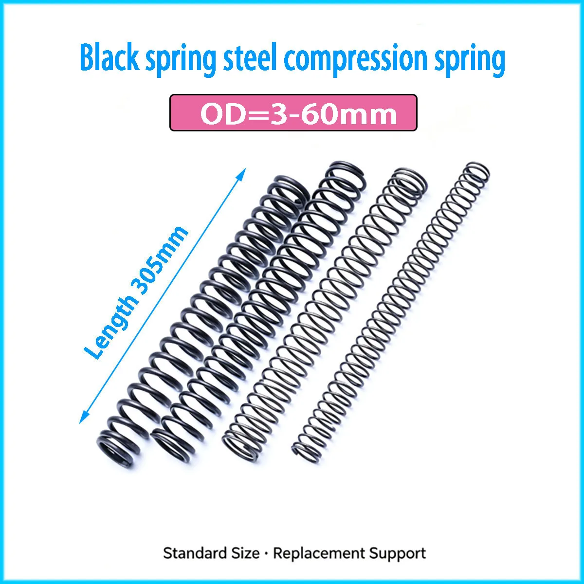 Black Steel Compression Spring 305mm Length Wire 0.3‑6mm OD 3‑60mm for Machinery Shock Absorption Reset Application