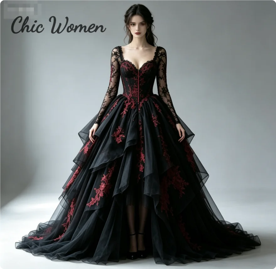Charming Black Red Gothic Wedding Dress Lace Long Sleeve Tiered Tulle Lace Halloween Country Bridal Dresses 2026 Multi Layer