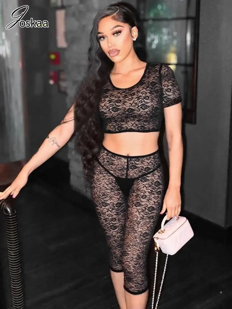 

Joskaa Lace See Through Black 2 Piece Sets Women Sexy Short Sleeve Crop Tops and Cropped Pants Matching 2025 Midnight Clubwear