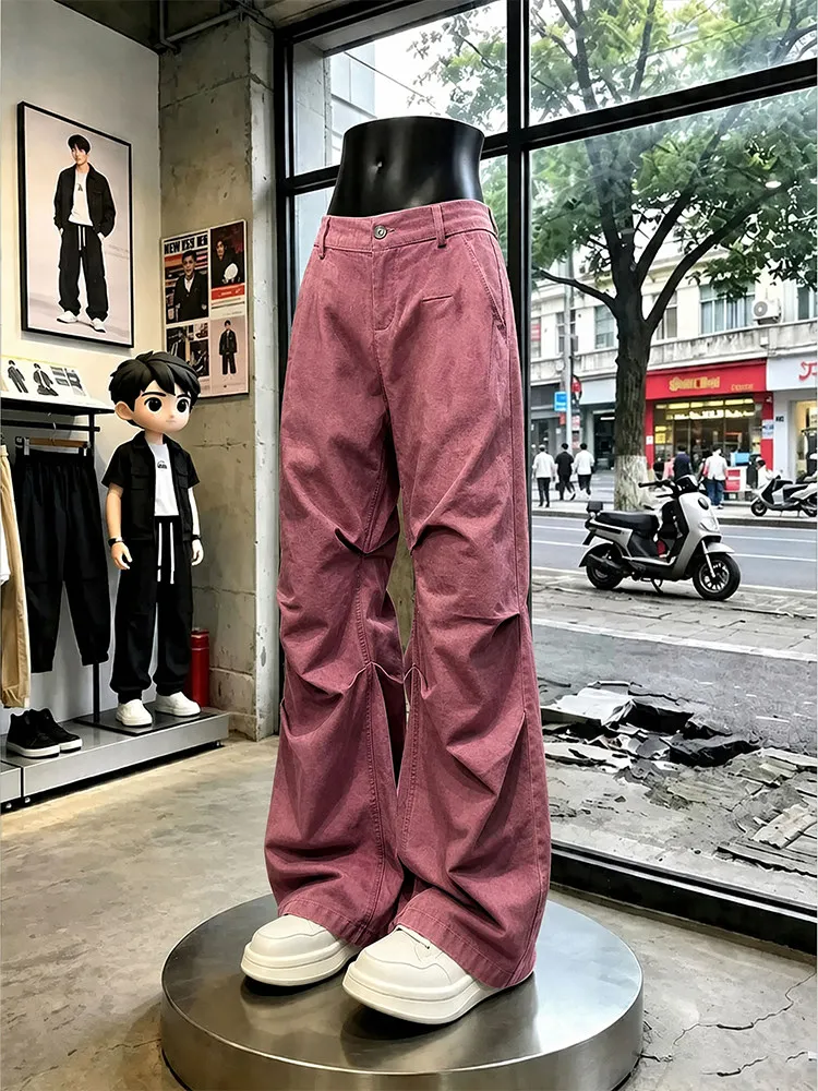Raspberry Pink Pleated Men's Workwear Pants American High Street Style Cleanfit Flared Jeans mid Waist Zipper Closure Summer ...