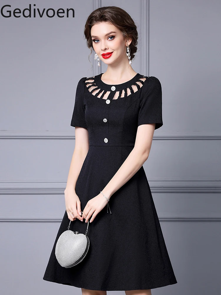 MoaaYina Fashion Designer Summer Women's Mini Dresses O-Neck Collar Button Hook Flower Hollow Office Lady Style A-LINE Dress