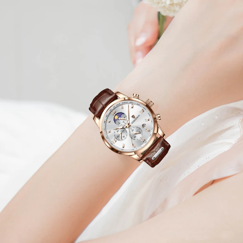 LIGE Luxury Fashion Women Watch Leather Strap Waterproof Casual Sport Quartz Wristwatch 24 Hour Moon Phase Clock Watch for Women