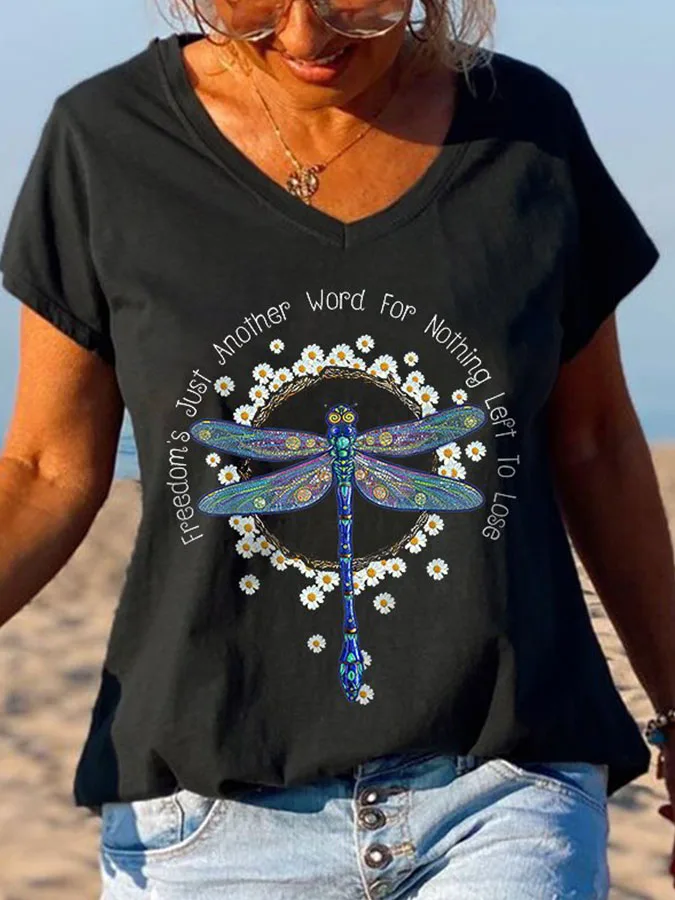 Women's Summer V Neck T Shirt Hippie Print Short Sleeve T-Shirts Casual Loose Tops Tees