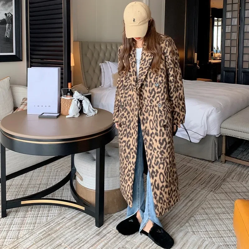 2023 Spring Women Woolen Coat Classic Leopard Print Loose Style Long Sleeve Women Fashion Longl Coat Casaco Feminino