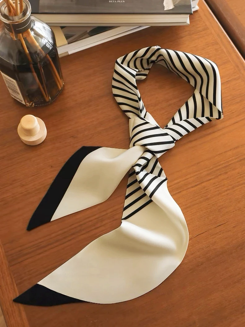 nordic-style-double-layer-silk-scarf-color-block-stripe-pattern-fashionable-triangular-shape-decorative-accessory-for-women