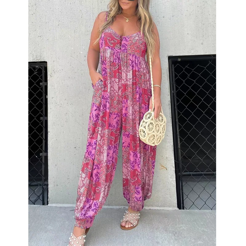 Jumpsuits For Women 2024 Spring Summer Printed Spaghetti Strap hollow Out Back Loose Jumpsuit Romper