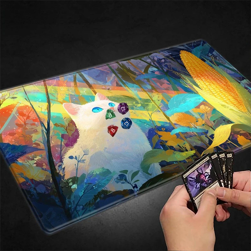 

White Cat & Colorful Forest Corn Design Magic Party Game Mat Durable Rubber for MTG&TCG Games 35X60cm Mouse Pad Office Desk Mats