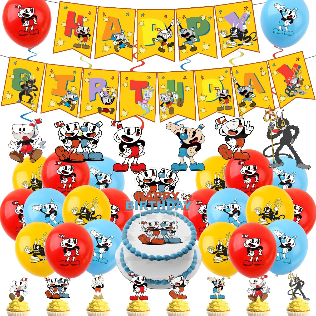 Cuphead-suministros de fiesta de feliz cumpleaños, decoración de fondo de globo de látex, pancarta de adorno de pastel, regalo para niños,