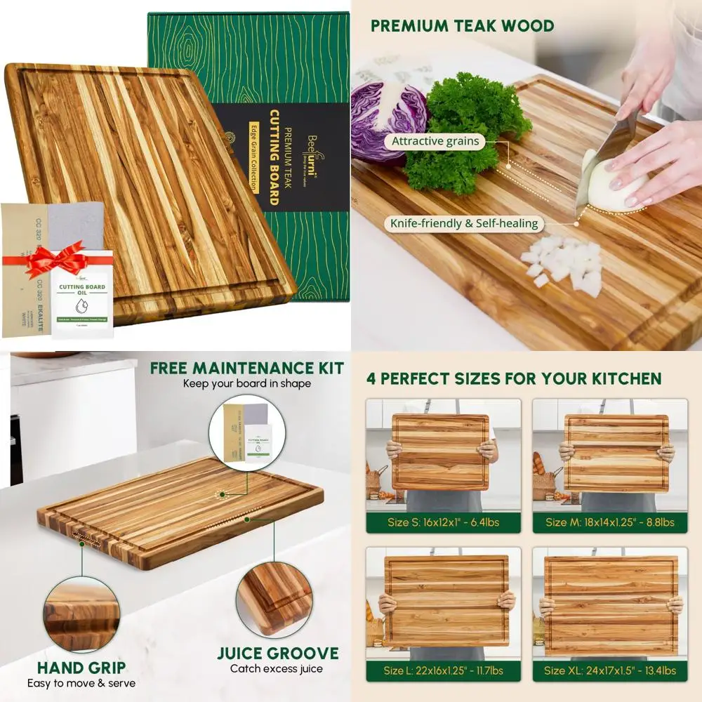 

Large Teak Wood Cutting Board with Juice Groove and Hand Grip, Ideal for Kitchen and Butcher Block Use