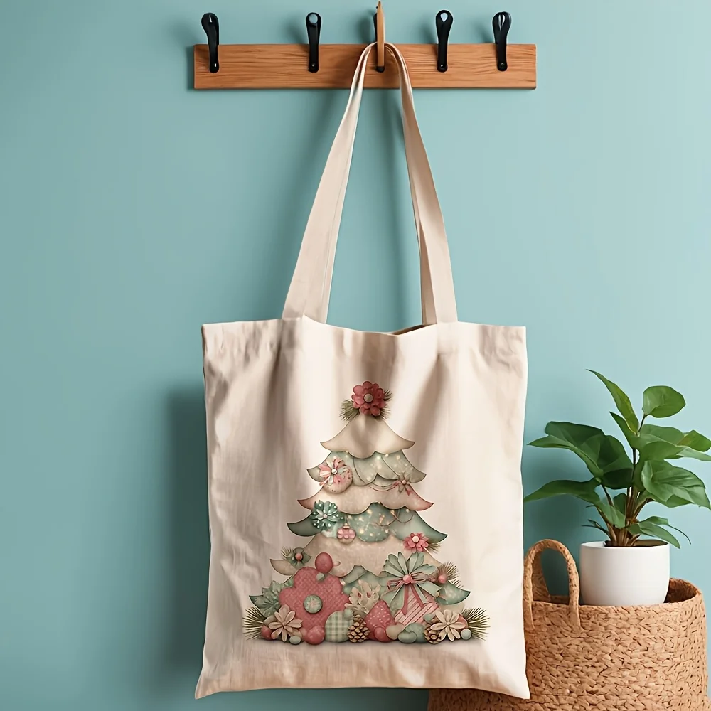 1pc Vintage Pastel Patchwork Tote Bag - Double-Sided Suitable for Daily Commute & Christmas Tree Print Bag, Suitable for,, Shopp