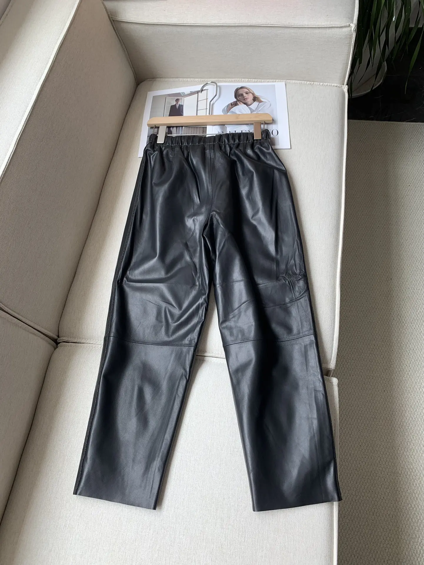 New High Quality Elastic Waist Sheepskin Trousers For Autumn And Winter, Chain Slim Pants, Khaki And Black