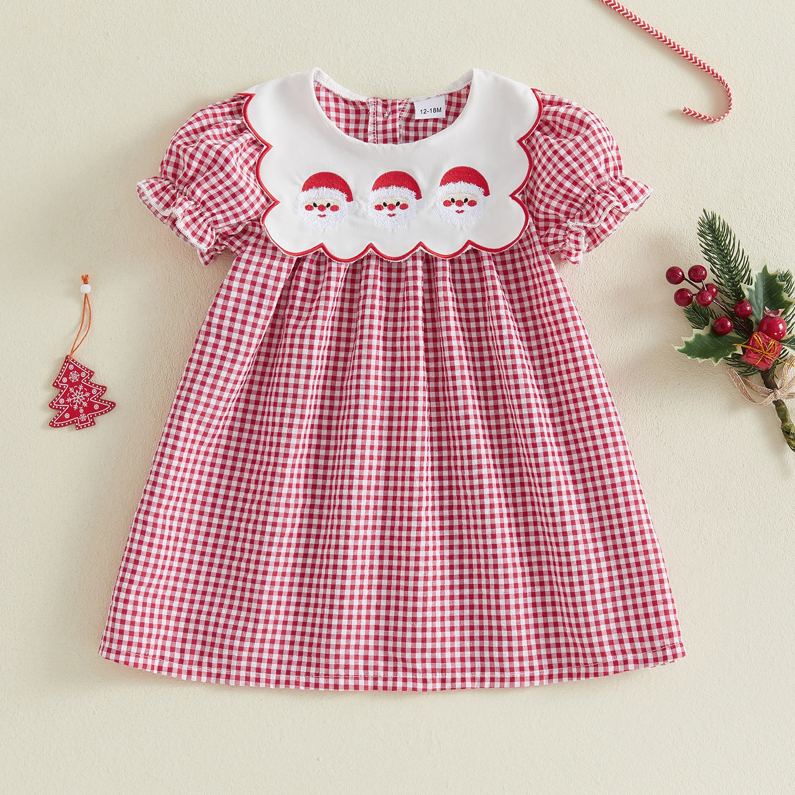 1-5Y Toddler Girl Christmas Plaid Dress Puff Short Sleeve Scalloped Doll Collar Short Sleeve A Line Xmas Dress