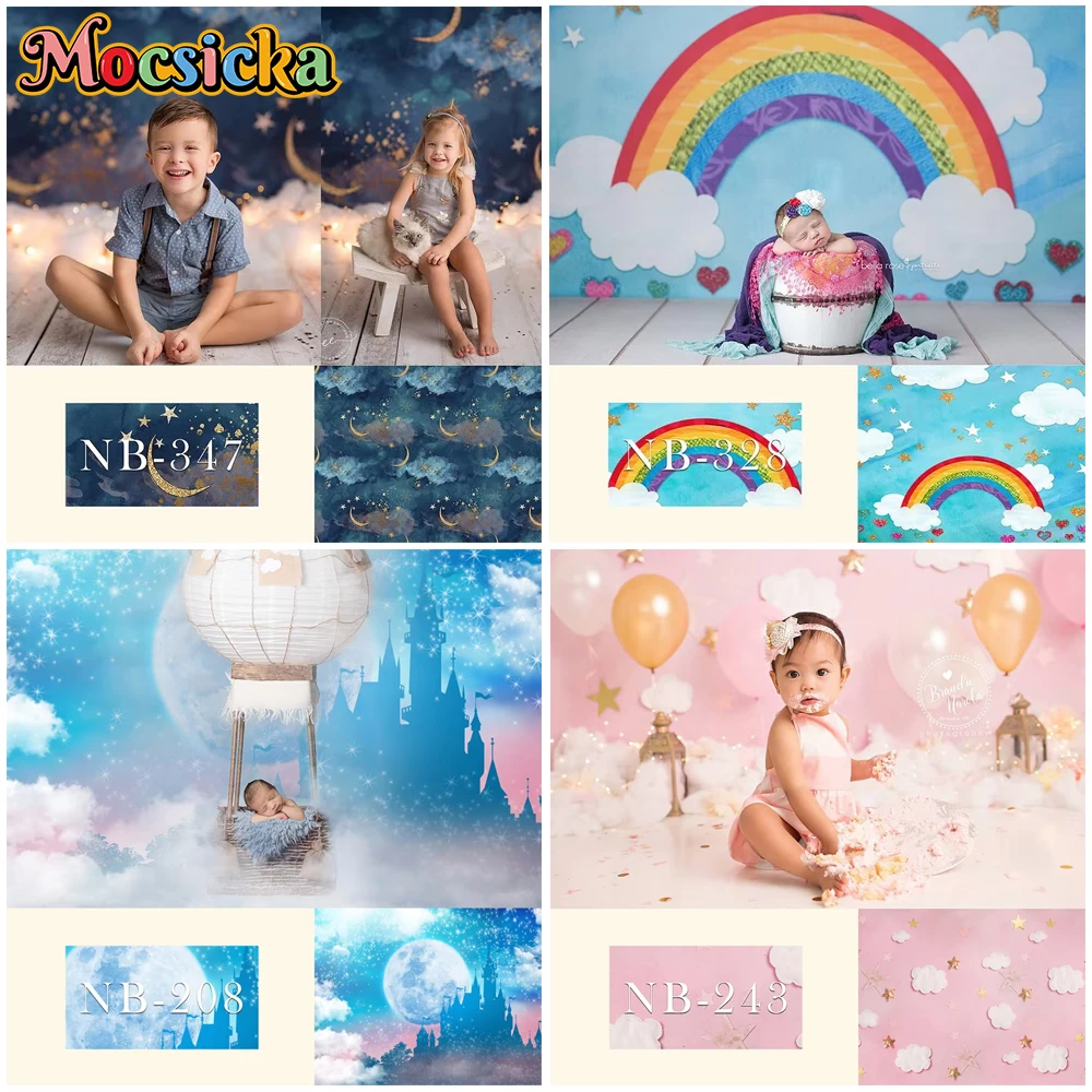 

Mocsicka Baby Shower Birthday Photography Backdrop Cloud Rainbow Stars Moon Balloons Party Decoration Supplies Background Studio