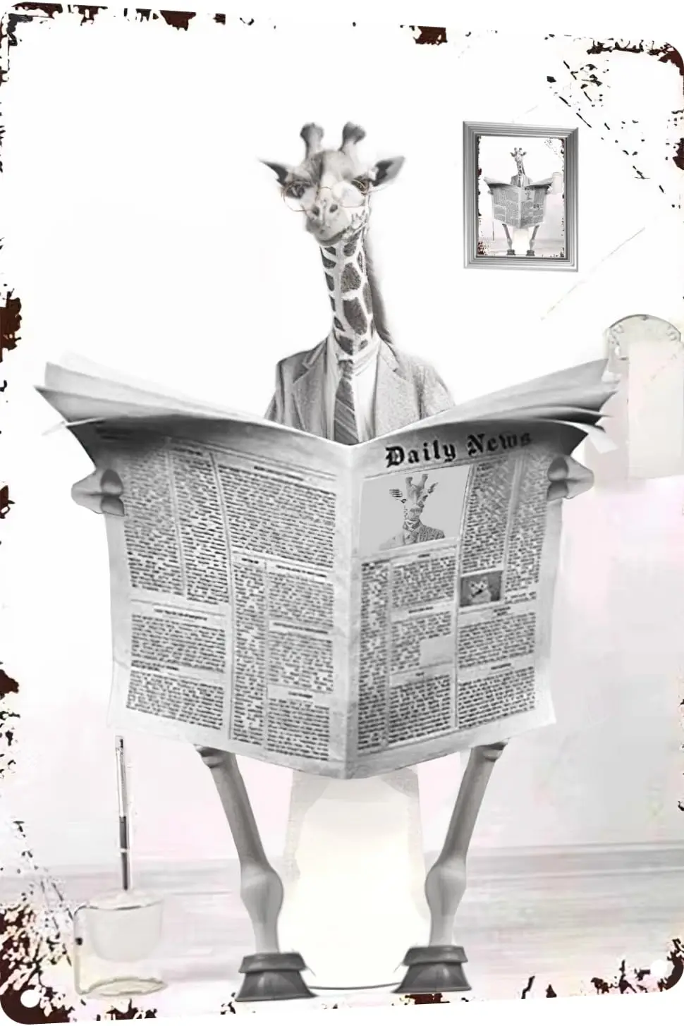 Metal Tin Sign Vintage Giraffe Toilet Reading Newspaper Humour Funny Animal Whimsy Animal for Home, Bathroom and Toilet Wall Dec