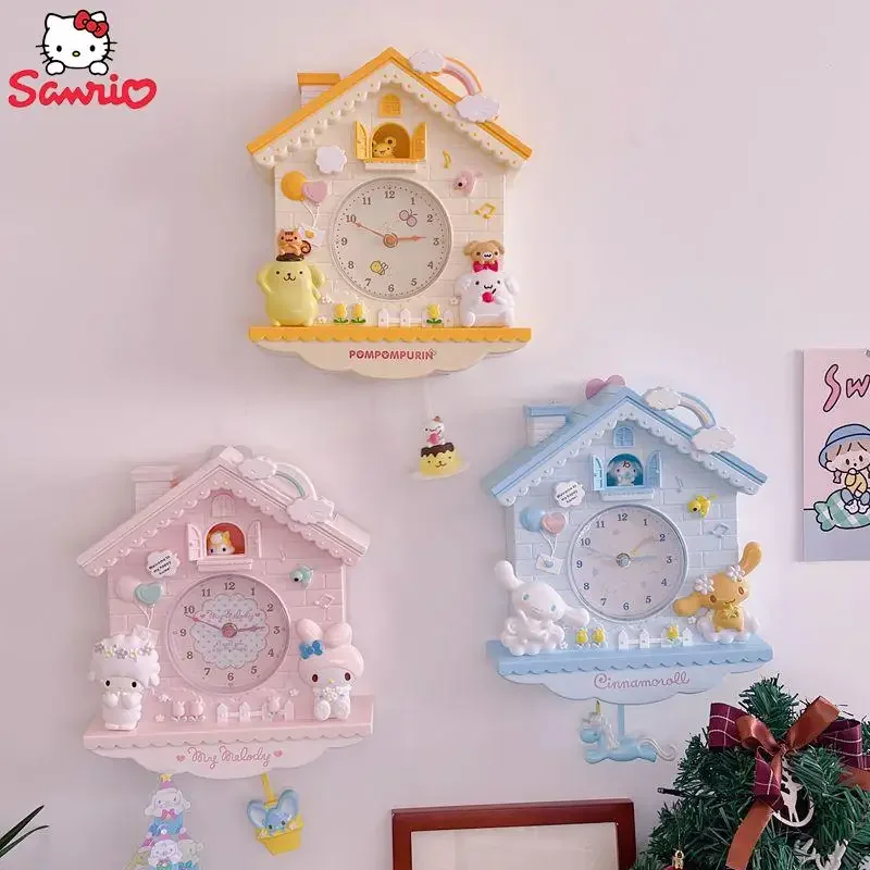 Sanrio คอลเลกชัน Melody Gemini Tamagotchi Kitty น่ารักแขวนผนังแกว่งนาฬิกาแขวนผนังตกแต่งห้องนอนแขวนผนังเครื่องประดับ